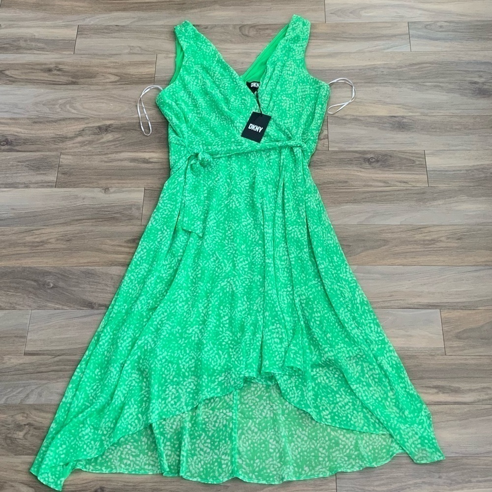 DKNY Floral Green & White Chiffon Tie Dress - Picture 4 of 9